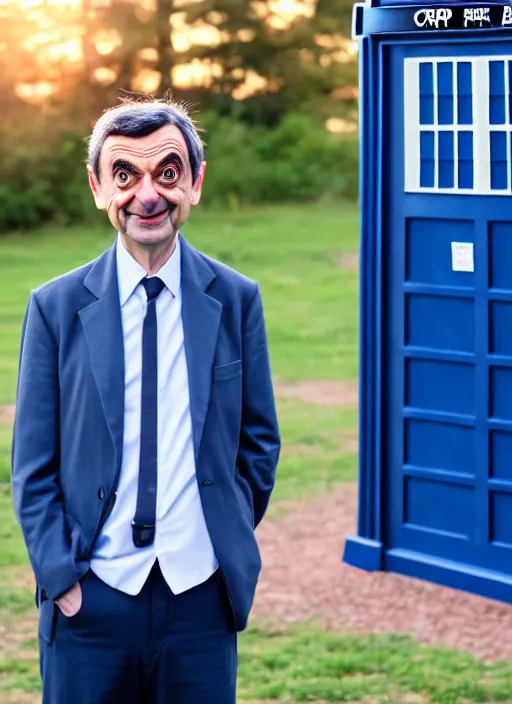 Image similar to dslr photo portrait still of mr bean as doctor who in front of the tardis at sunset, 8 k, 8 5 mm f 1. 4