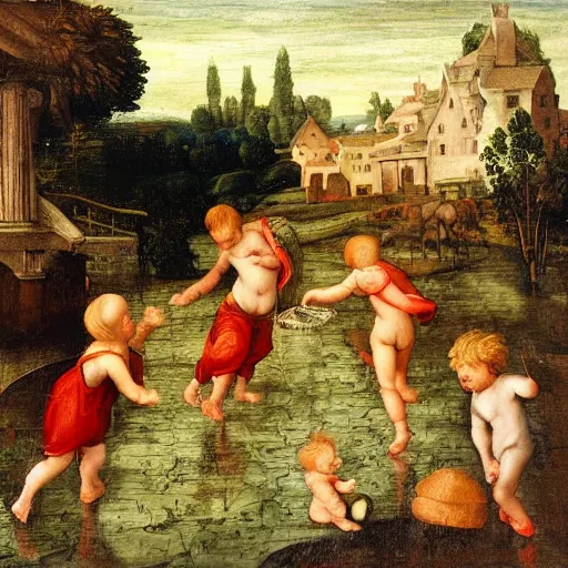 Image similar to children playing in the rain, painting, style of high renaissance period