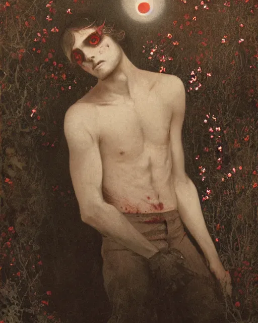 Prompt: a beautiful but sinister and creepy man in layers of fear, with haunted eyes, violence in his eyes, 1 9 7 0 s, seventies, delicate embellishments, a little blood, woodland, moonlight shining on wildflowers, painterly, offset printing technique, by alexandre cabanel