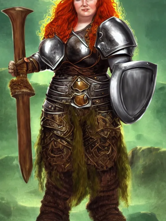 Image similar to dwarven woman, ginger hair, green eyes, holding hammer and shield with plate armour