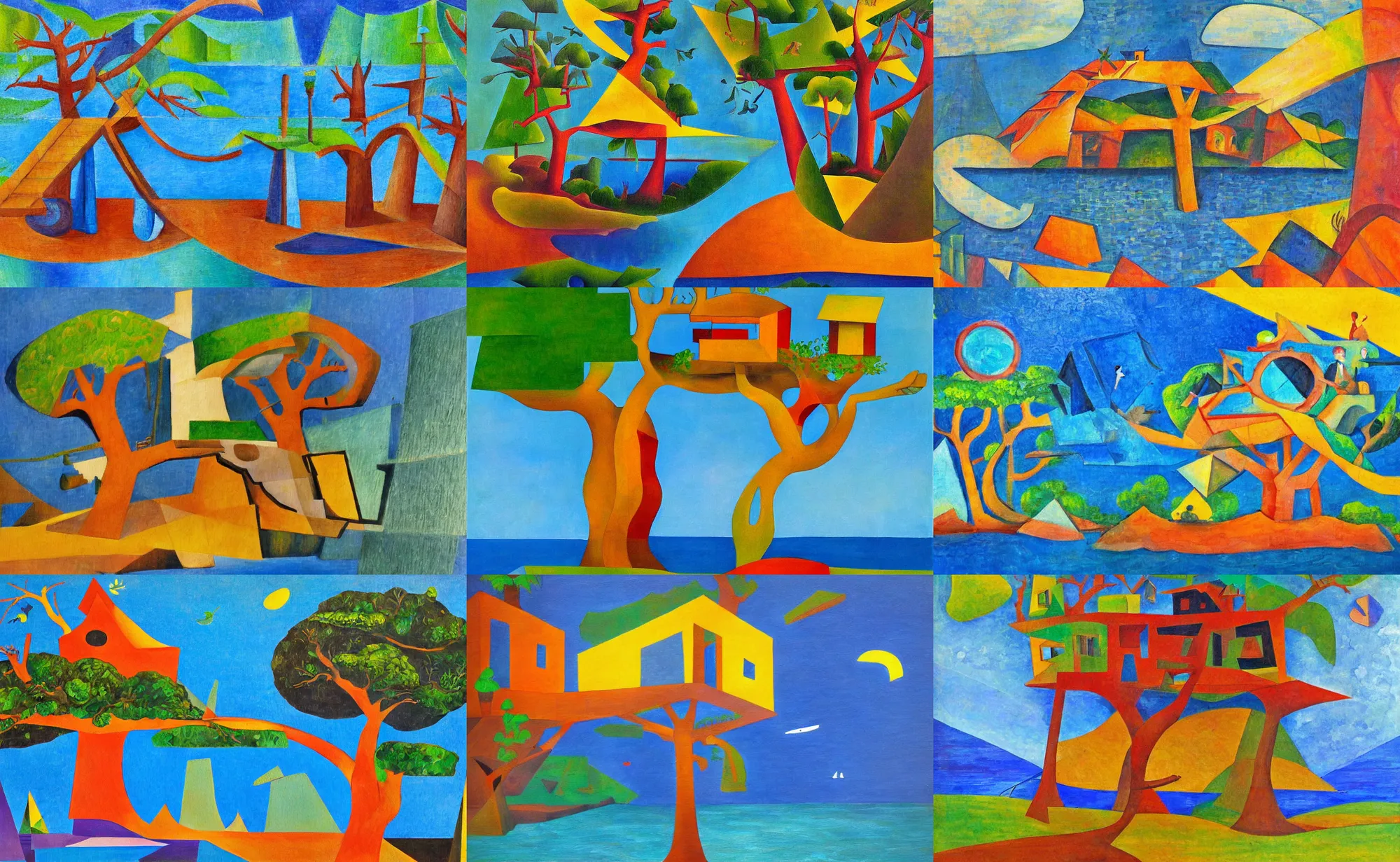 Prompt: cubism painting of a mystical island treehouse on the ocean