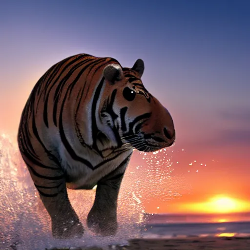 Image similar to a closeup photorealistic photograph of a cute stylish tiger hippo playing volleyball at the beach during sunset. Surf in the background. This 4K HD image is Trending on Artstation, featured on Behance, well-rendered, extra crisp, features intricate detail and the style of Unreal Engine.