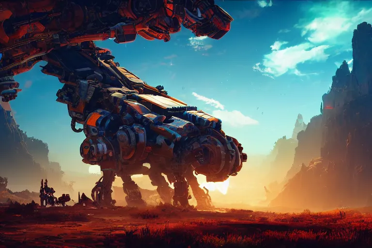 Image similar to scorcher machine mecanical creature robot of horizon forbidden west horizon zero dawn radiating a glowing aura global illumination ray tracing hdr fanart arstation by ian pesty and alena aenami artworks in 4 k