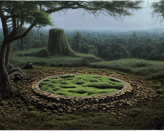 Image similar to a swampy hill landscape with a circle of finger - shaped stones, by ted nasmith