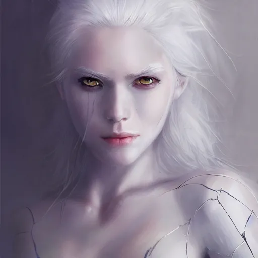 Image similar to full body portrait of white haired girl in spider man suit, super hero, pretty face, very beautiful face, very detailed eyes, webs, highly detailed, digital painting, artstation, concept art smooth, sharp focus, greg rutkowski, artey freytag