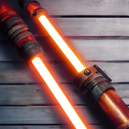 Image similar to a real light saber on a wooden table, 4k, high detail, high-resolution photograph, professional photography, ultra-detail