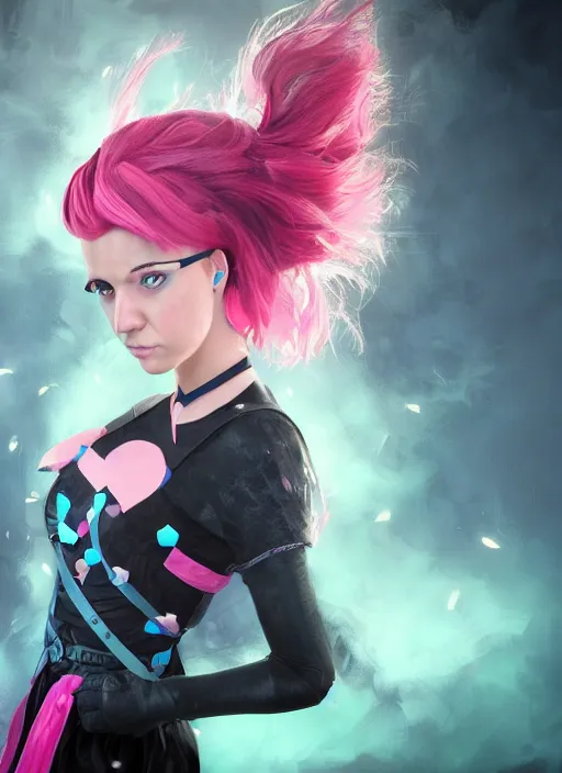 Image similar to An epic fantasy comic book style portrait painting of a young women, with pink hair, short black skirt, black leggings, blue shoes, cyan corset, with a cyan heart necklace Unreal 5, DAZ, hyperrealistic, octane render, cosplay, RPG portrait, dynamic lighting