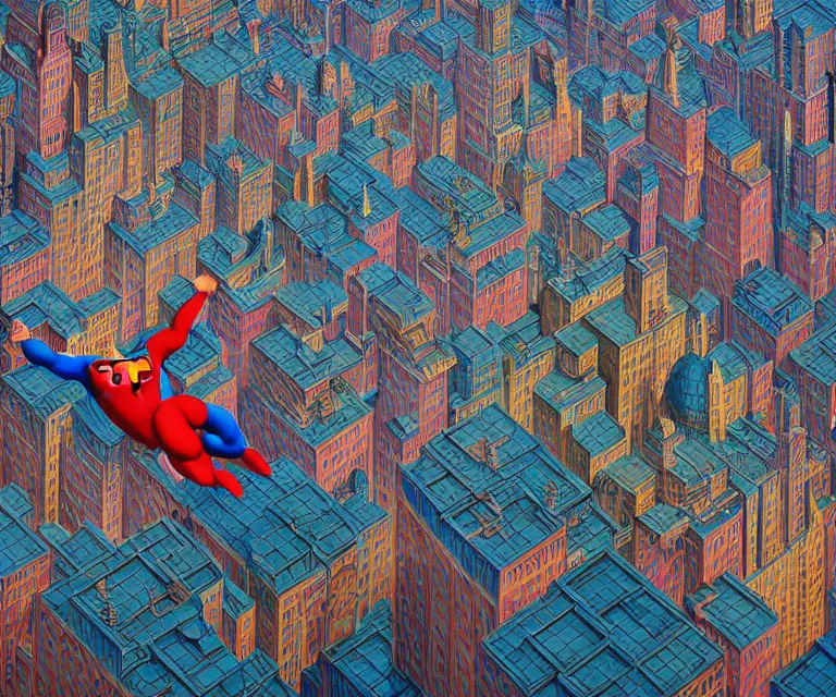 Prompt: hyper detailed 3d render like a Oil painting - mordidly obese superman floating over empty city streets, dramatic sky in background, radiant, depressed sad expression, by Jacek Yerka, Mariusz Lewandowski, Houdini algorithmic generative render, Abstract brush strokes, Masterpiece, Edward Hopper and James Gilleard, Zdzislaw Beksinski, Mark Ryden, Wolfgang Lettl, hints of Yayoi Kasuma, octane render, 8k