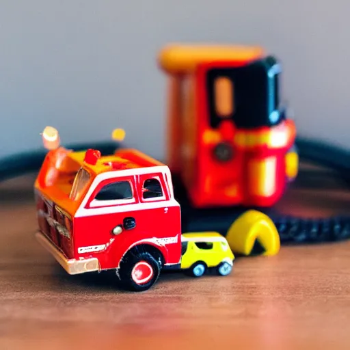 Image similar to a tiny toy fire engine with lights putting out a small fire