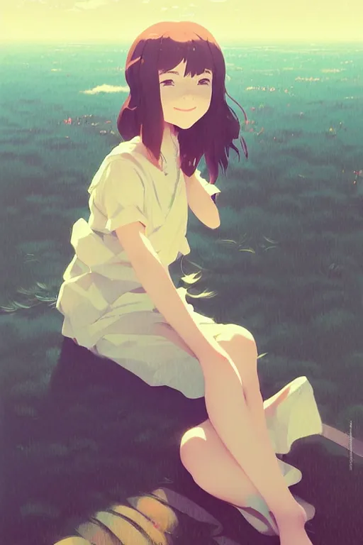 Image similar to portrait of a smiling girl by ilya kuvshinov, cloudy sky background lush landscape ln illustration concept art anime key visual trending pixiv by victo ngai fanbox by greg rutkowski makoto shinkai takashi takeuchi studio ghibli