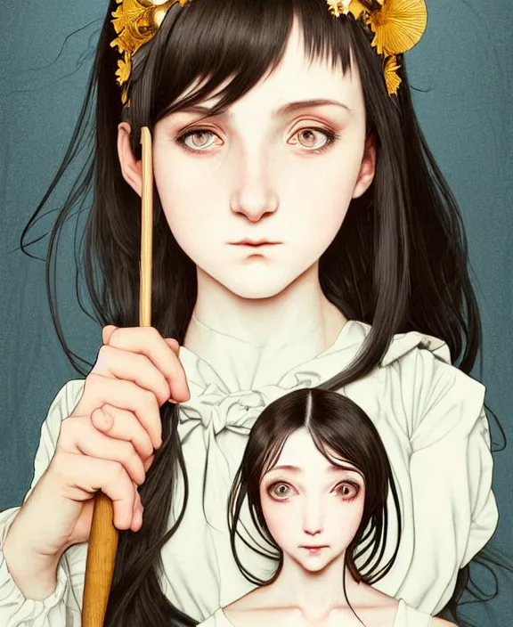 Prompt: portrait of a morbid 18 year old young woman wearing a cottage-core aesthetic dress with straight silky black hair, in a butcher shop, holding a butcher knife, insanely and epically detailed high-quality small details, beautiful golden ratio, exquisitely detailed soft shadowig style, epic illustration style, style of Range Murata and by Alphonse Mucha and by Katsuhiro Otomo.