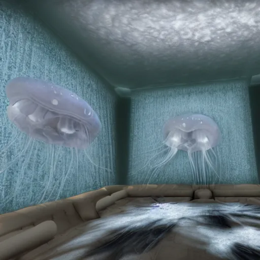 Prompt: a whole bunch of jellyfish smeared on the sofa in the living room, realistic, hdr, clear image, hdd, dynamic lighting, rtx on,