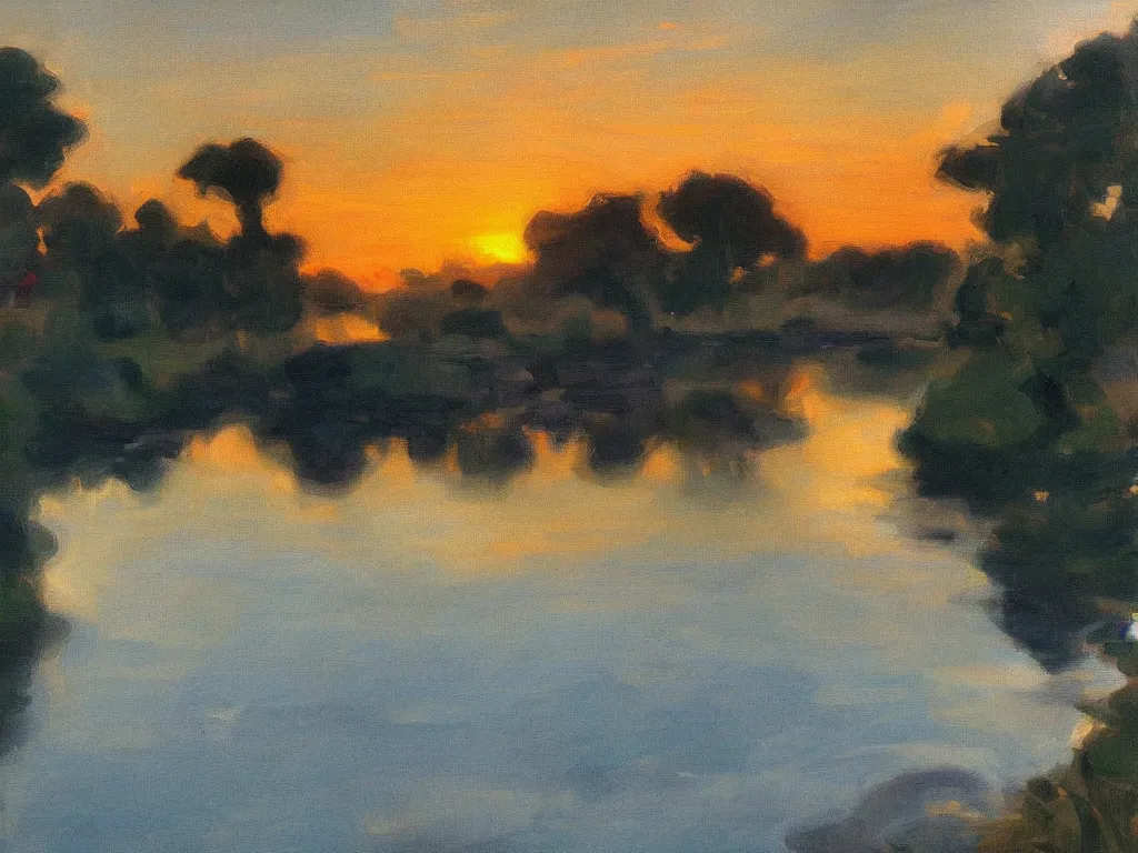 Prompt: trending on artstation, a beautiful river during sunset, in the style of John Singer Sargent