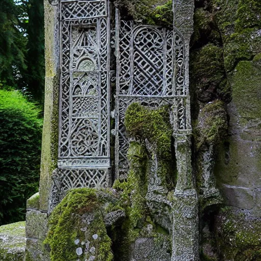 Image similar to an intricate, delicate tracery of stone, forming a beautiful ancient monument, slowly being covered by moss and lichen