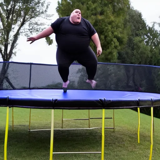Image similar to a morbidly obese man jumping on a trampoline
