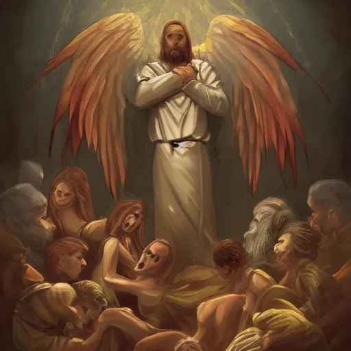 Image similar to angels protecting a praying man, by Alex Flores, Trending on artstation, deviantart