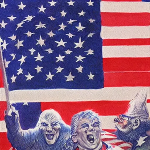 Image similar to the United States of Gnomerica independence day party, illustration by Alan Lee