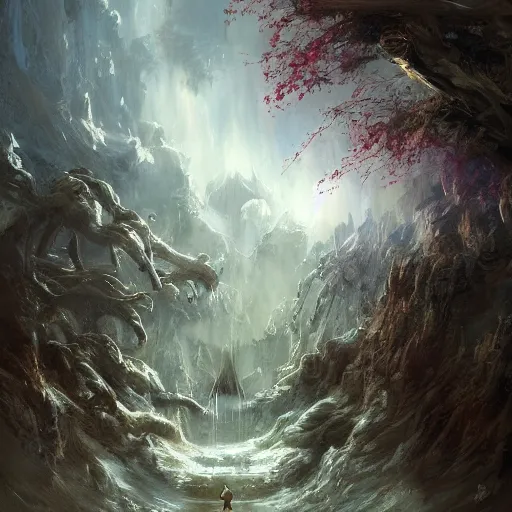 Image similar to Tree of life, epic scene, paint by Raymond Swanland