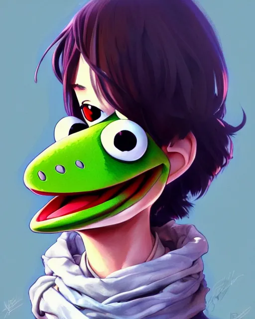 Image similar to kermit the frog, portrait shinkai makoto studio ghibli studio key hideaki anno sakimichan stanley artgerm lau rossdraws james jean marc simonetti elegant highly detailed digital painting artstation pixiv