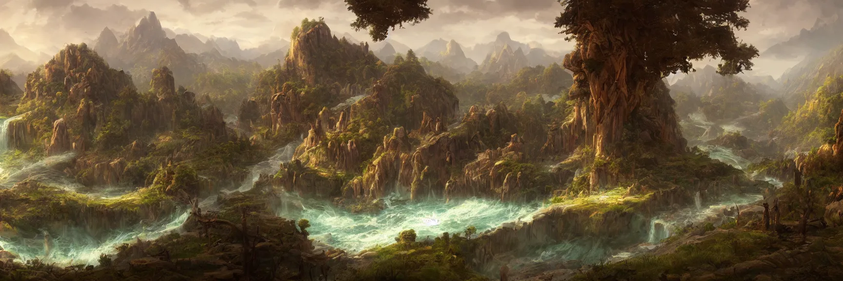 Prompt: a beautiful landscape fantasy landscape painting of a jund panorama. magic the gathering land art by asher brown durand and marc simonetti, trending on artstation hq 8k