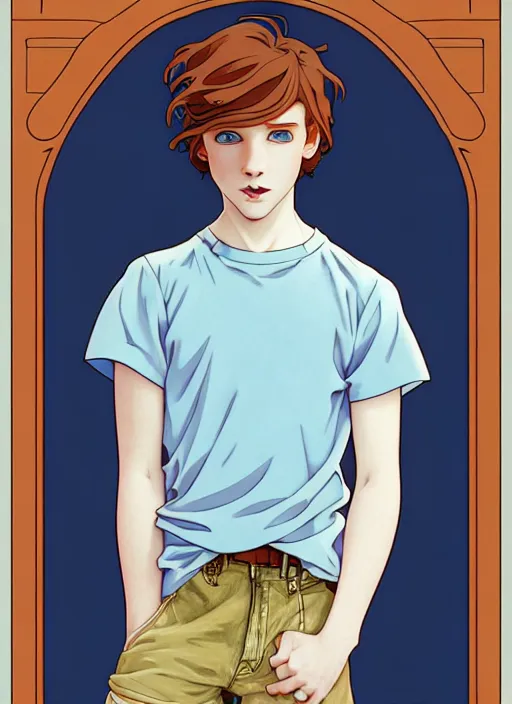 Image similar to art nouveau portrait of a teen boy with completely straight auburn hair, light blue eyes, pale skin, freckles, sad expression, t - shirt, modern casual clothing, natural lighting, path traced, highly detailed, high quality, cartoon, digital painting, by don bluth and ross tran and studio ghibli and alphonse mucha