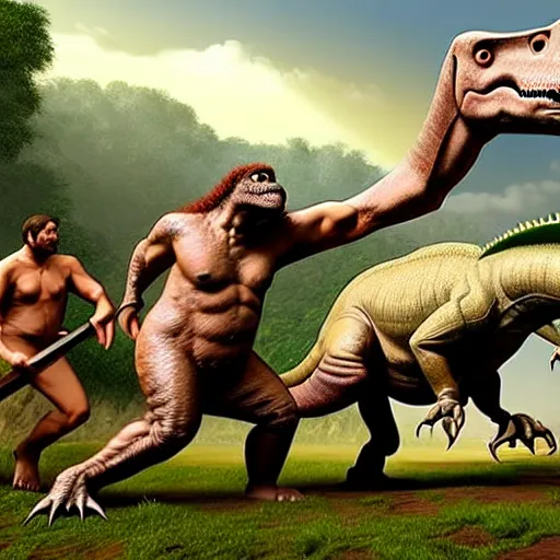 Image similar to A large dinosaur! fighting with several realistic detailed cavemen with proportioned bodies, next to the dinosaur are cavemen, the cavemen are armed with spears, the caveman are in a fighting stance, the cavemen are wearing animal furs, one caveman is stabbing the dinosaur with his spear, one caveman is cowering in fear, coarse canvas, visible brushstrokes, intricate, extremely detailed painting by Giorgione (and by Greg Rutkowski)