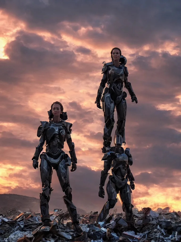 Prompt: emily blunt in futuristic power armor, alone, standing atop a pile of rubble, sword on shoulder, sunset and big clouds backdrop