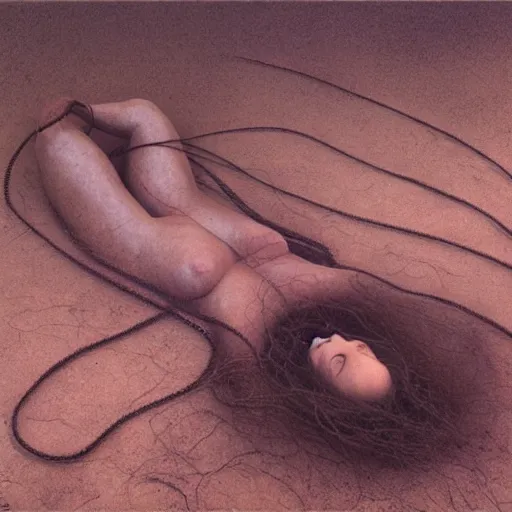 Prompt: photo of a woman wrapped around by tubes and cables by Zdzislaw Beksinski, laying inside shallow water, black eyes