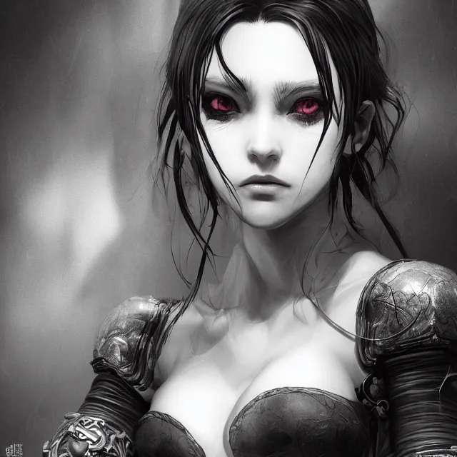 Prompt: the portrait of the neutral evil fallen female dark knight vagabond as absurdly beautiful, gorgeous, elegant, sophisticated, realistic young sensual gravure idol, an ultrafine hyperdetailed illustration by irakli nadar, intricate linework, bright colors, octopath traveler, final fantasy, unreal engine highly rendered, global illumination, radiant light, detailed and intricate environment