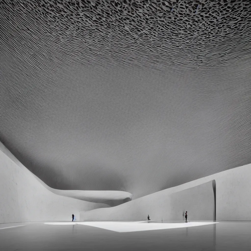 Prompt: minimal cavernous art gallery skate church designed by Tadao Ando, Salvador Dalí, Gaudi, Zaha Hadid, Dieter Rams, large marble slab walls, wet reflective tile floor, sweeping ceiling, natural lighting, architecture photography, mood lighting 8K 4K HDR