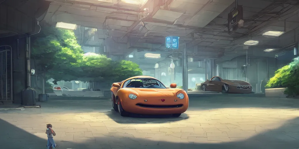 Image similar to a wholesome animation key shot of a focused car parked in an undergroud parking lot, medium shot, waist up, studio Ghibli, Pixar and Disney animation, sharp, very detailed, high resolution, Rendered in Unreal Engine 5, anime key art by Greg Rutkowski, Bloom, dramatic lighting