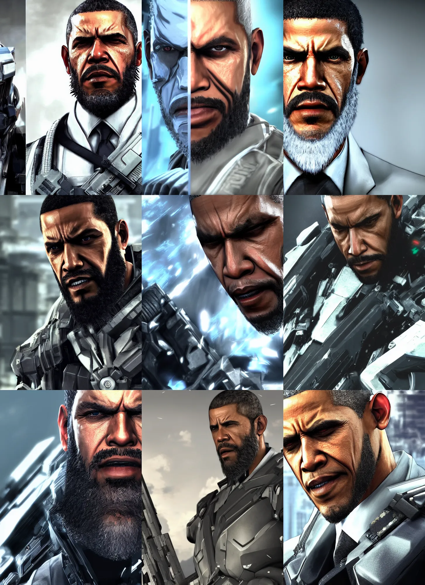 Prompt: bearded barack obama in metal gear rising revengeance, metal gear rising, metal gear, barack obama, octane render, 8 k, realistic face, realistically proportioned head, realistically proportioned face