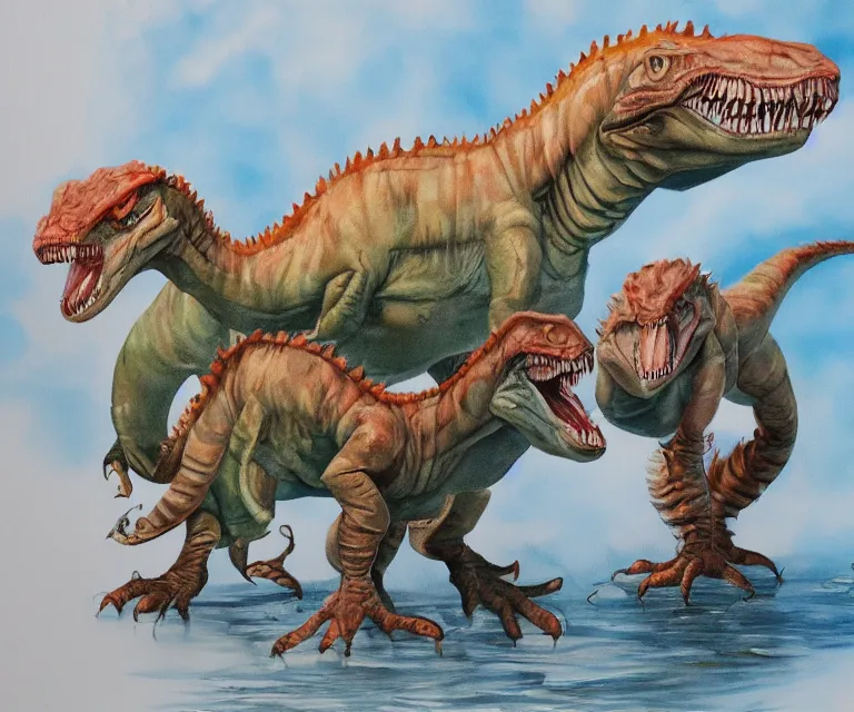 Image similar to mutant dinosaurs, water painting, soft tones, prehistoric