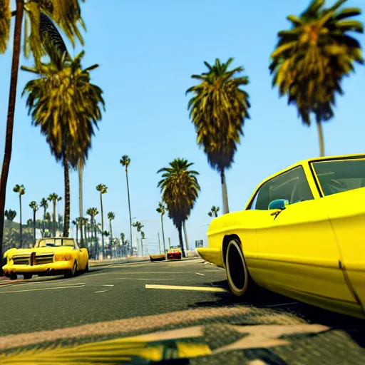 Prompt: yellow in gta v. los santos in background, palm trees in the art style of stephen bliss, 4 k