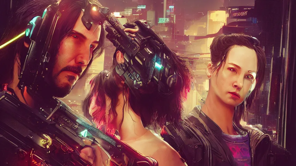 Image similar to a cyberpunk 2077 srcreenshot couple portrait of Keanu Reeves female v in love story,film lighting,by Laurie Greasley,Lawrence Alma-Tadema,Dan Mumford,John Wick,Speed,Replicas,artstation,deviantart,FAN ART,full of color,Digital painting,face enhance,highly detailed,8K,octane,golden ratio,cinematic lighting