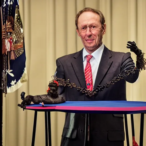 Prompt: mad puppeteer using marionette of a president in a podium