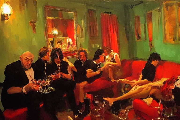 Image similar to glam rockers drinking wine, inside a tiny green room with red lights by joaquin sorolla, greg rutkowski, bill sienckiwicz, extremely detailed