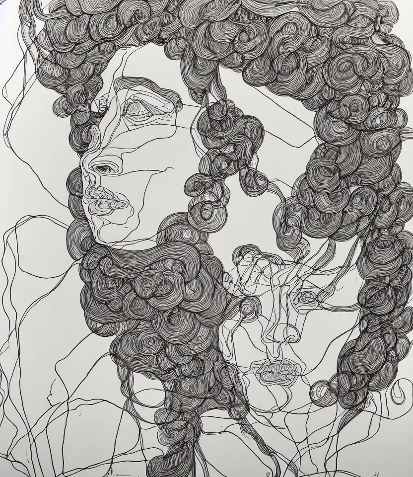 Prompt: detailed line art portrait of hang williams, inspired by egon schiele. contour lines, musicality, twirls, curls, curves, confident personality