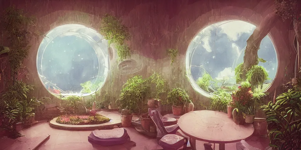 Image similar to 90s interior with circular windows, natural starlight, bright colors, romantic greenery, flowers, cinematic, cyberpunk, smooth, chrome, lofi, nebula, calming, dramatic, fantasy, by Moebius, by zdzisław beksiński, fantasy LUT, studio ghibli, high contrast, epic composition, sci-fi, dreamlike, surreal, angelic, 8k, unreal engine, hyper realistic, fantasy concept art,