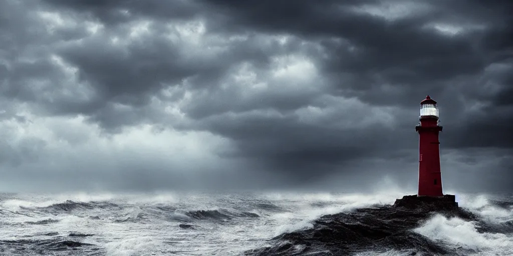 Image similar to stormy sea and dramatic sky, a lighthouse on a cliff, artstation, realistic, moody