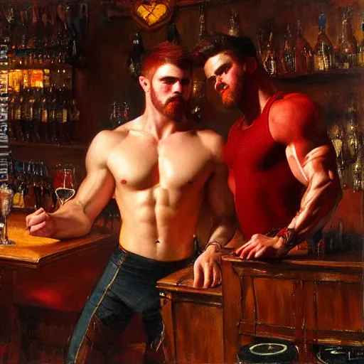 Image similar to attractive muscular male with red hair with muscular attractive male with black hair, drinking their hearts out, in a pub. very defined and highly detailed painting by gaston bussiere, j. c. leyendecker, craig mullins 8 k