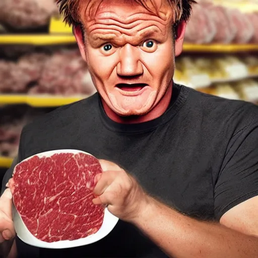 Image similar to Gordon Ramsey screaming at a giant pile of ground beef, photo, reality tv show lighting