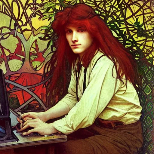 Image similar to a red-haired long-haired teenage boy sitting at a computer, jungle around him, painting by alphonse mucha, smooth sharp focus, point of view from behind him