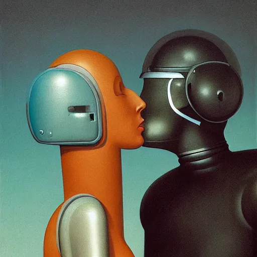 Image similar to portrait of an two half human half robots kissing each other wearing astro helmet with tight black latex dress tight suit, Edward Hopper and James Gilleard, Zdzislaw Beksinski, Mark Ryden, Wolfgang Lettl highly detailed