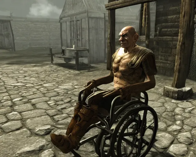 Image similar to hector salamanca on a wheelchair in skyrim, videogame screenshot, skyrim graphics