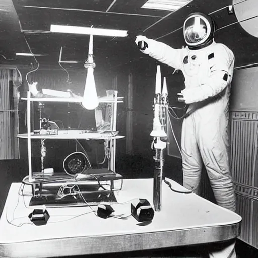 Image similar to old photograph of an astronaut in a futurist lab doing occult experiments