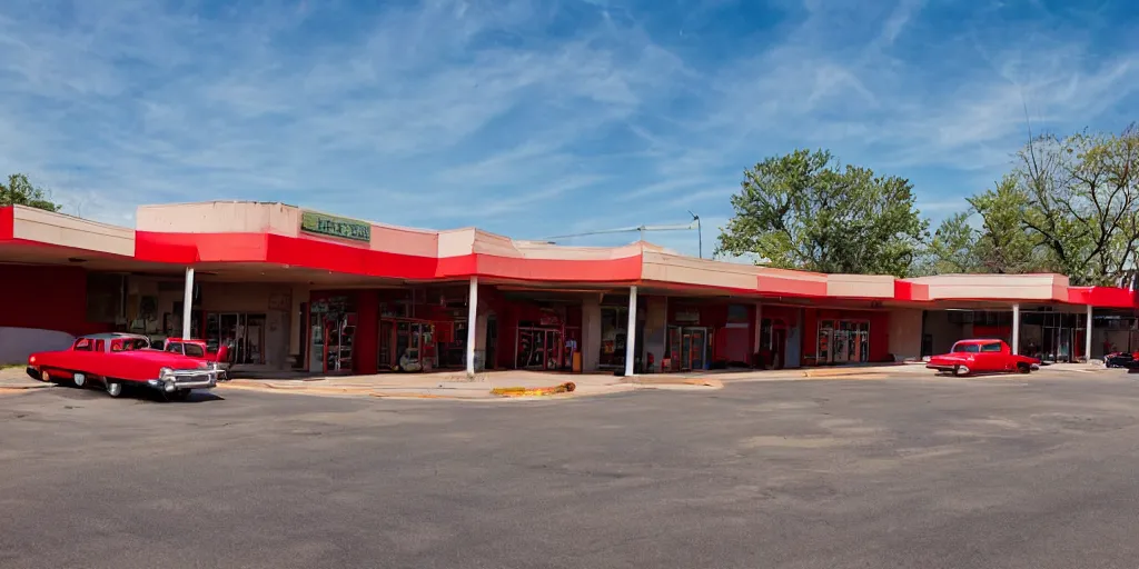 Prompt: Overgrown parking lot of a 1950s shopping center, mid century architecture, googie architecture, wide angle, red image tint