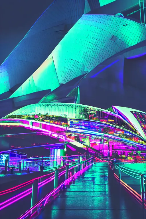 Image similar to neon streets of sydney opera, 4 k, award winning photo, cyberpunk style