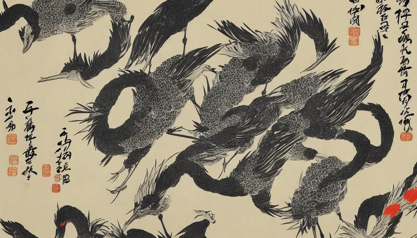 Image similar to traditional chinese ink of japanese crane by hokusai, ultra detailed