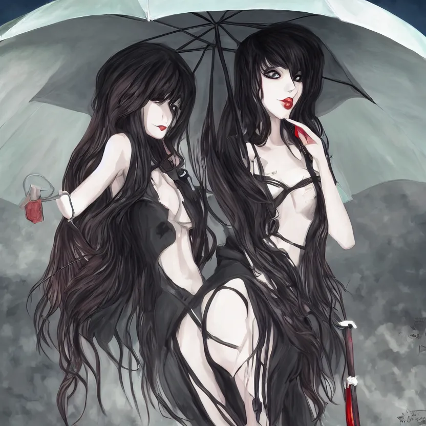 Image similar to portrait of a beautiful and grim vampire queen in the shade underneath a large beach umbrella, trending on pixiv